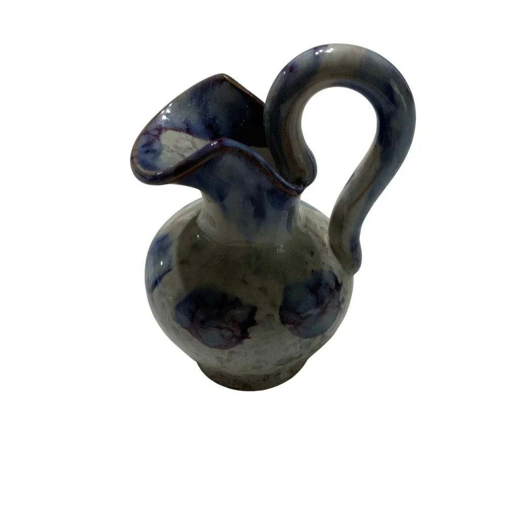 Blue White Purple Mottled Glaze‎ Stamped Italy Ceramic Pitcher Bud Vase 4.5